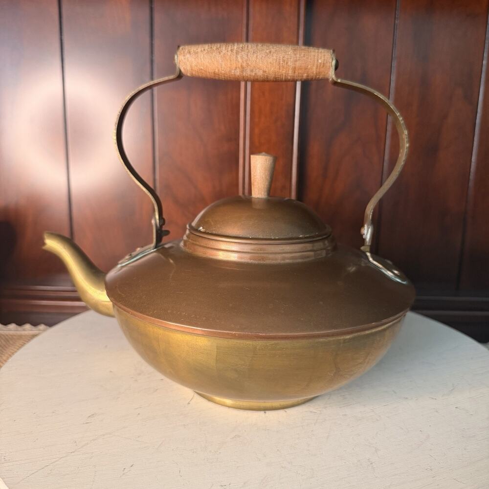 Vintage Old Dutch Solid Brass And Copper Tea Kettle Portugal Wood Handle 9"